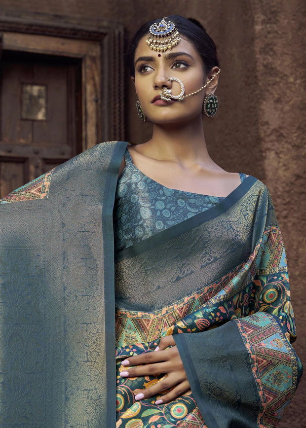 Coral Blue Floral Printed Soft Silk Saree