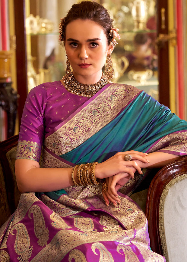 Peacock Blue Banarasi Soft Silk Saree