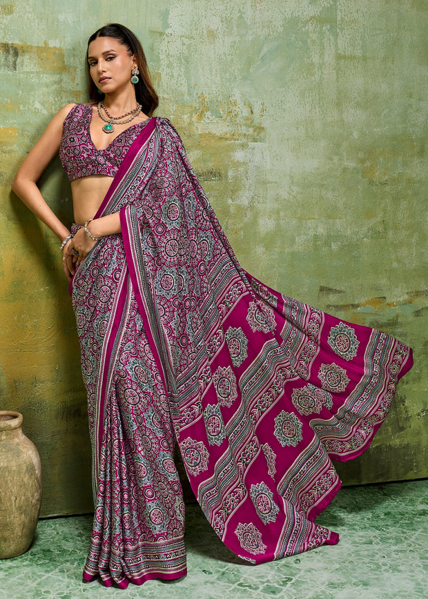 Plum Purple Printed Satin Silk Saree