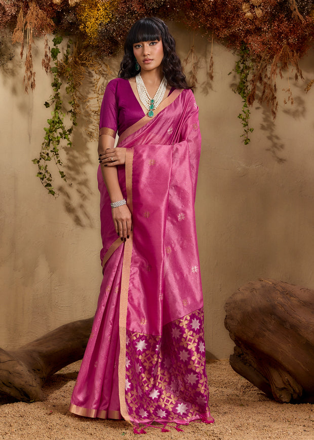 Carmine Pink Woven Cotton Silk Saree