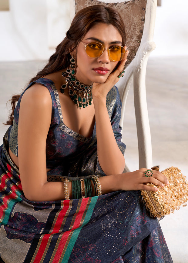 Midnight Blue Banarasi Printed Soft Silk Saree