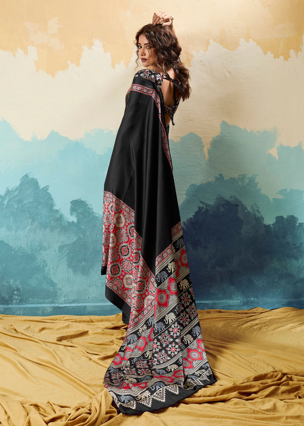 Jet Black Printed Satin Silk Saree