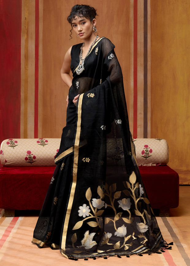 Phantom Black Woven Cotton Silk Saree