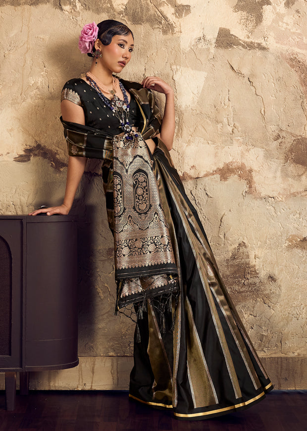 Black And Golden Rangkat Satin Silk Saree
