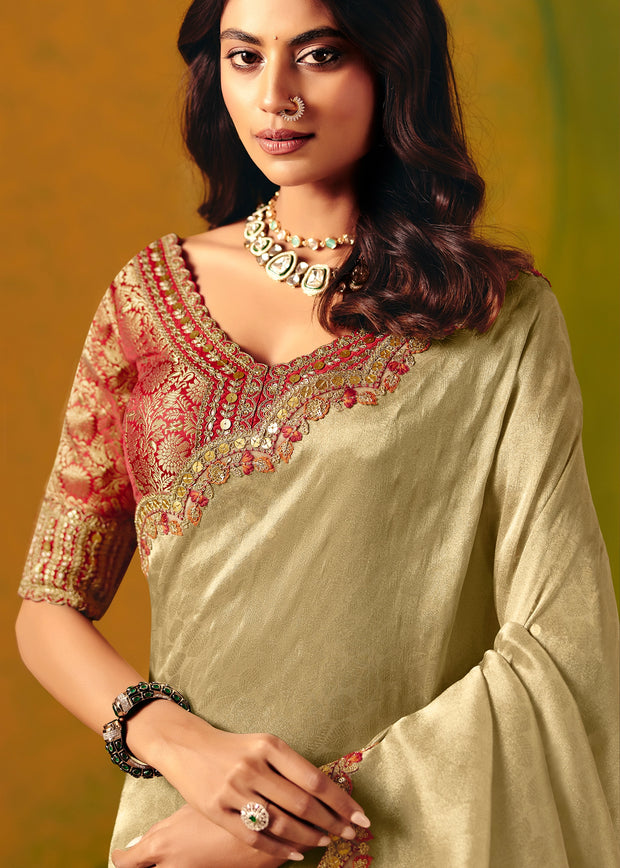 Golden Green Designer Embroidered Saree