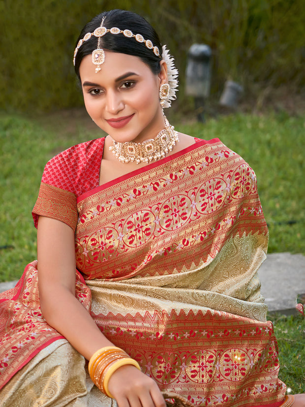 Gold Beige Woven Banarasi Silk Saree