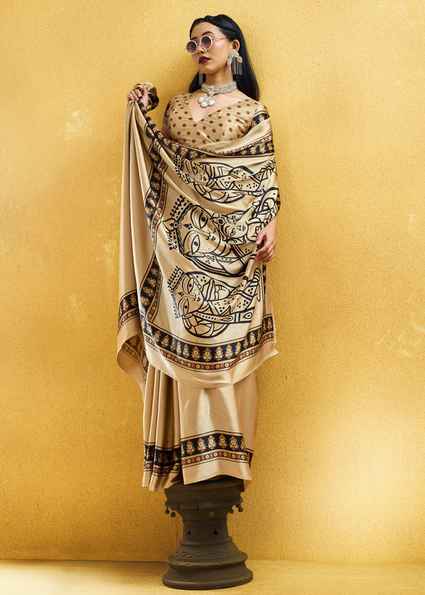 Ivory Satin Silk Saree with Ajrakh Printed Pallu and Blouse
