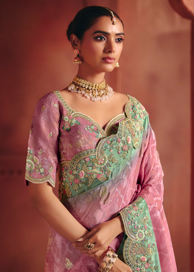 Blossom Pink Designer Embroidered Saree