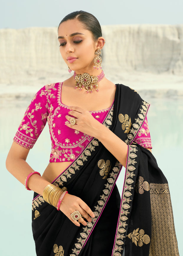 Black Woven Banarasi Embroidered Organza Satin Silk Saree