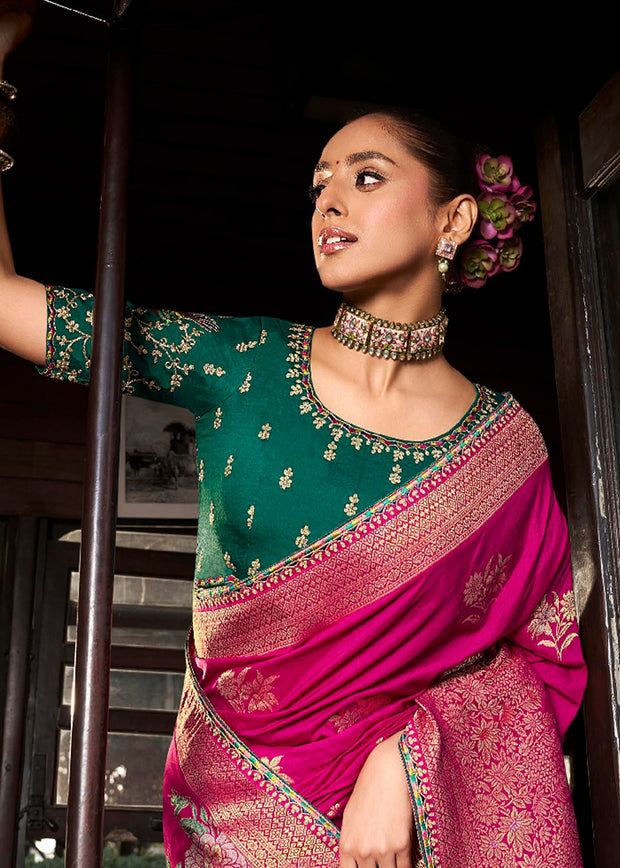 “Exclusive Offer” : Princess Pink Woven Embroidered Banarasi Silk Saree