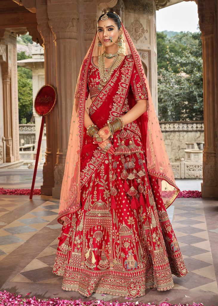 Red Heavy Embroidered Designer Lehenga