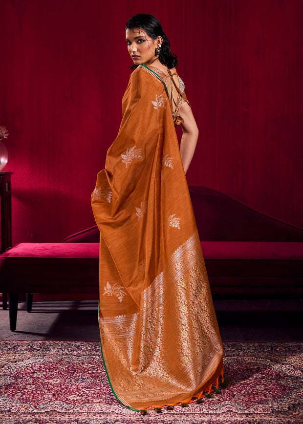 Burnt Orange Woven Banarasi Satin Linen Silk Saree