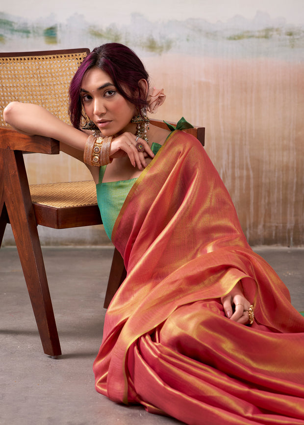 Sunset Orange Woven Tissue Silk Saree