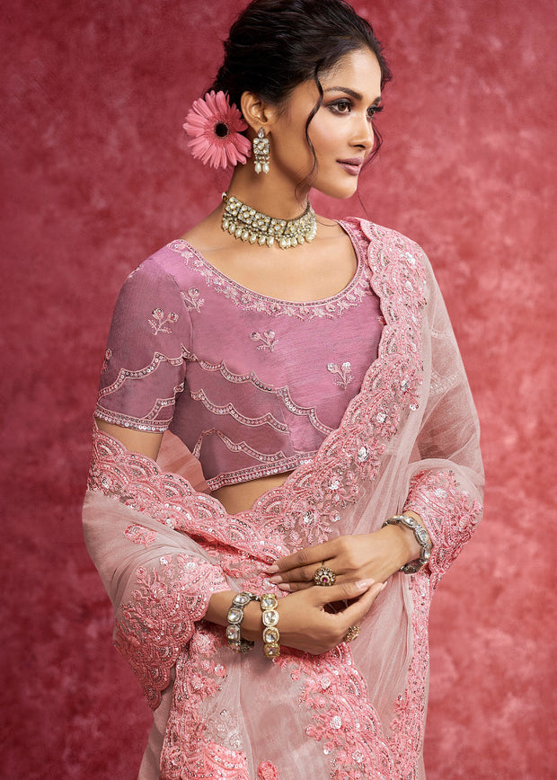 Baby Pink Embroidered Designer Saree