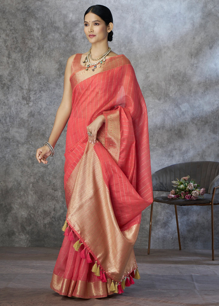 Coral Peach Woven Cotton Saree