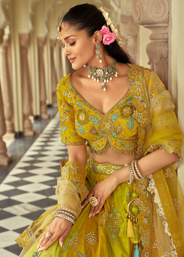 Shades Of Yellow Embroidered Stitched Designer Lehenga