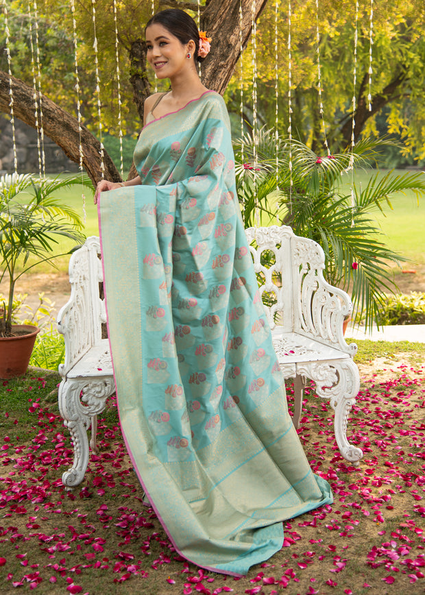 Ananta blue Banarasi Katan silk saree with Meenakari Mughal buta motifs in resham