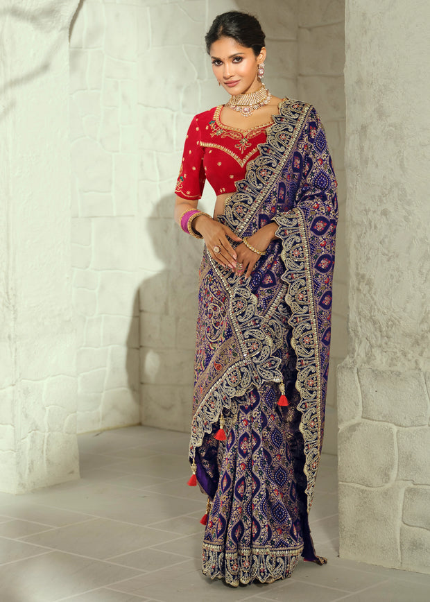 Indigo Blue Embroidered Georgette Bandhej Saree