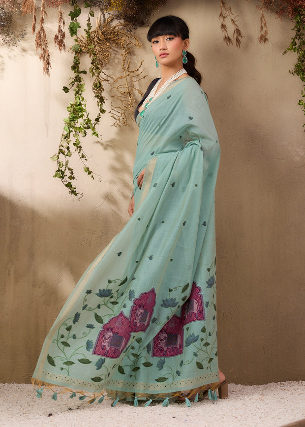 Pastel Blue Woven Cotton Silk Saree