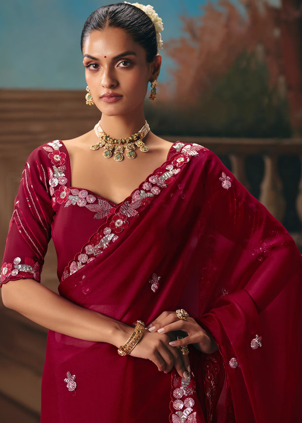Maroon Embroidered Designer Saree