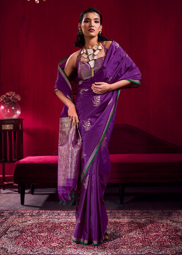 Prism Purple Woven Banarasi Satin Linen Silk Saree