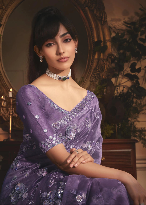 Lilac Mist Designer Tissue Organza  Saree