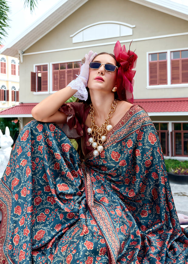Strom Blue Satin Crepe Digital Printed Saga Saree With Contrast Blouse
