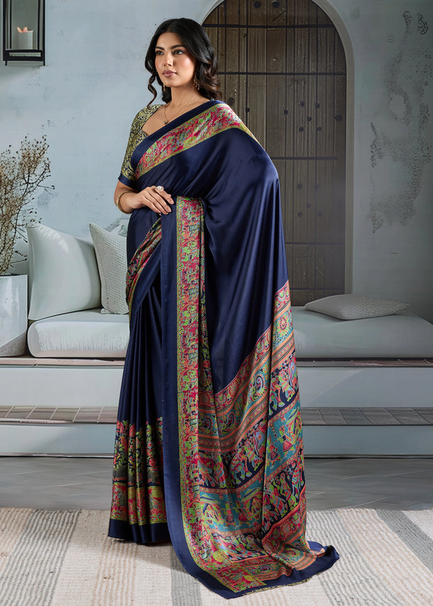 Patriot Blue Printed Satin Silk Saree