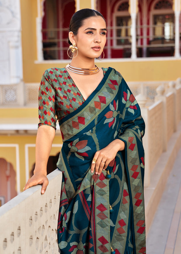 Coral Blue Floral Printed Soft Silk Saree
