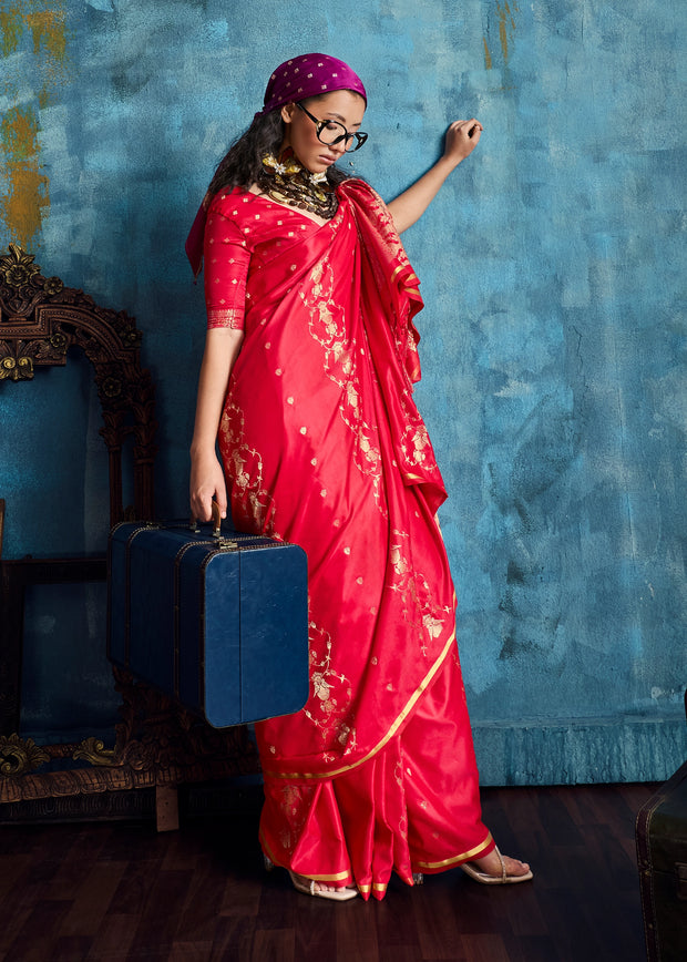 Vermilion Red Woven Banarasi Satin Silk Saree