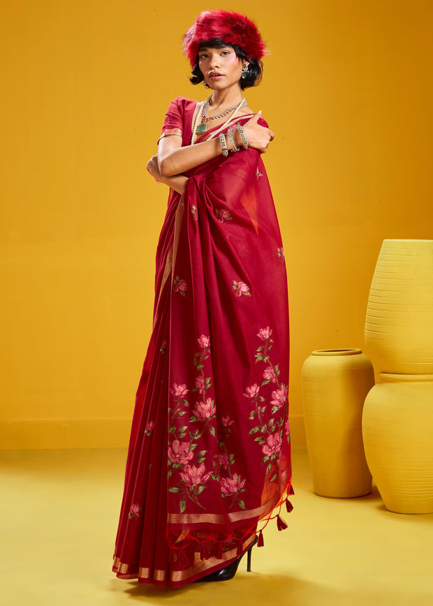 Festive Red Woven Munga Cotton Silk Saree