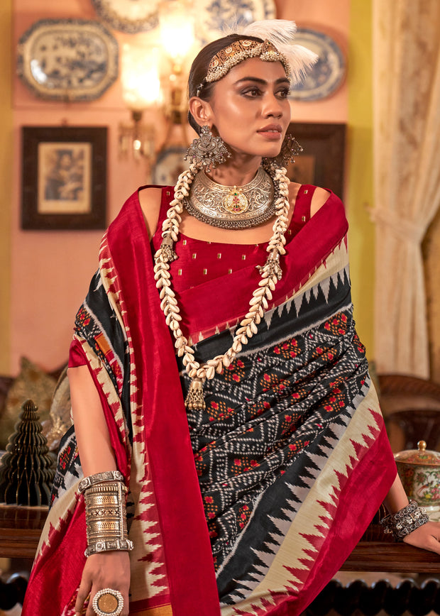 Jet Black Printed Patola Silk Saree