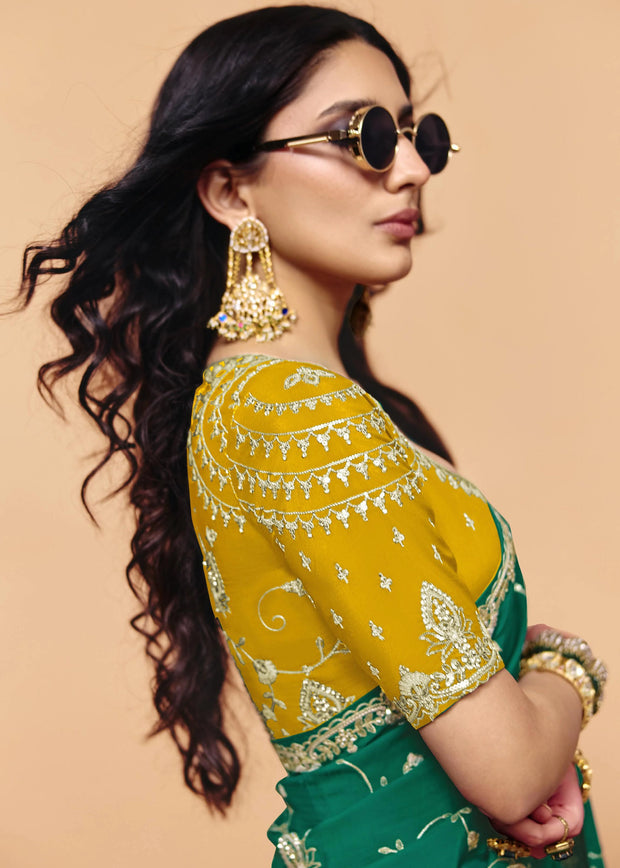 Cadmium Green Embroidered Designer Tissue Saree
