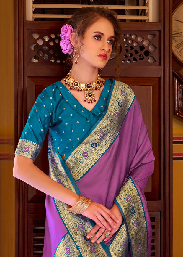 Lavender Purple Woven Banarasi Soft Silk Saree