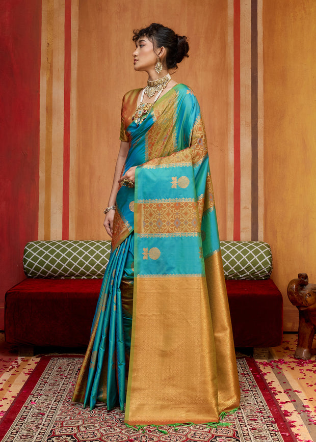 Blue Yellow Woven Banarasi Silk Saree