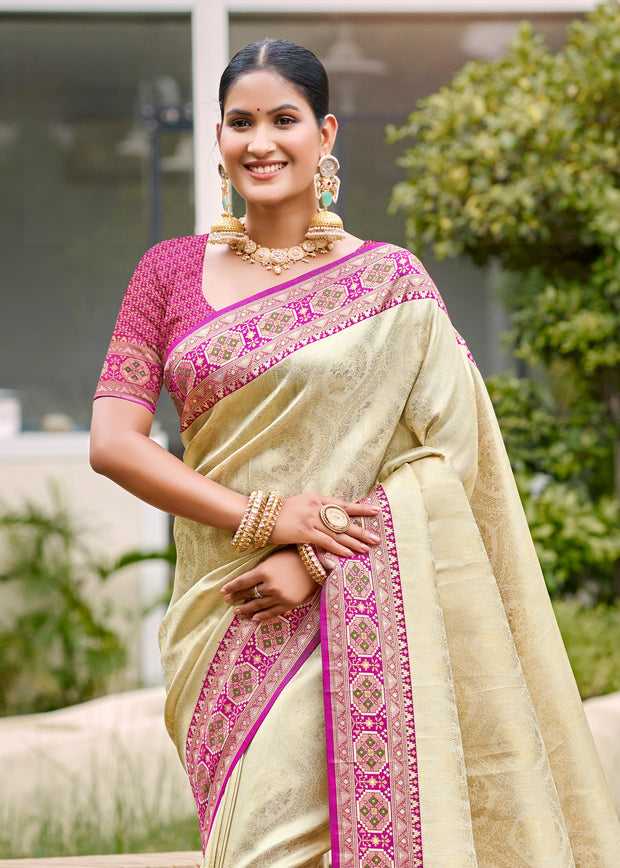 Cream Beige Woven Banarasi Silk Saree