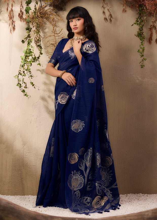 Deep Blue Woven Soft Silk Saree