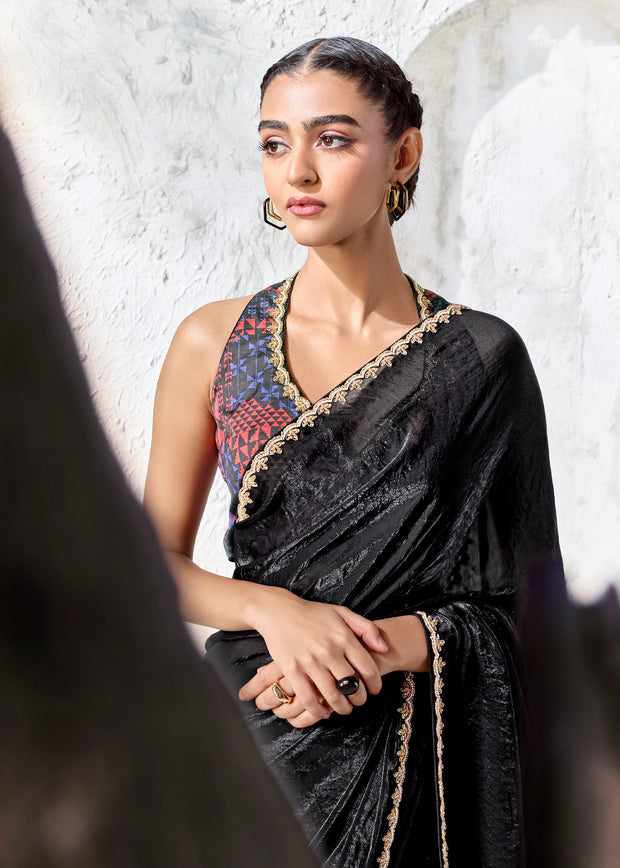 Black Designer Organza Silk Saree With Printed Blouse