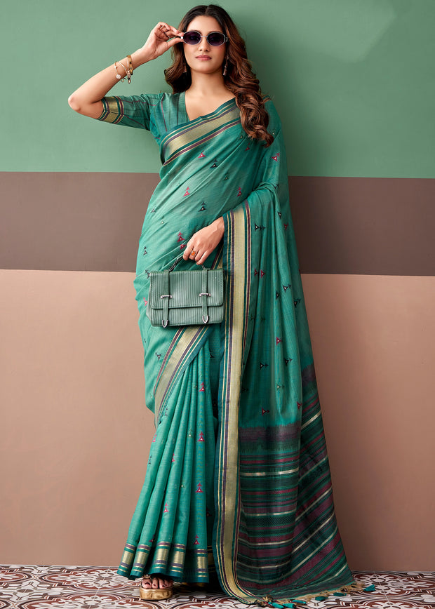 Teal Green Woven Cotton Silk Saree
