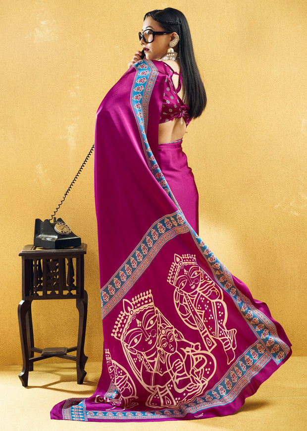 Plum Magenta Satin Silk Saree with Ajrakh Printed Pallu and Blouse