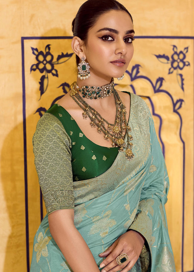 Aqua Blue Woven Banarasi Silk Saree