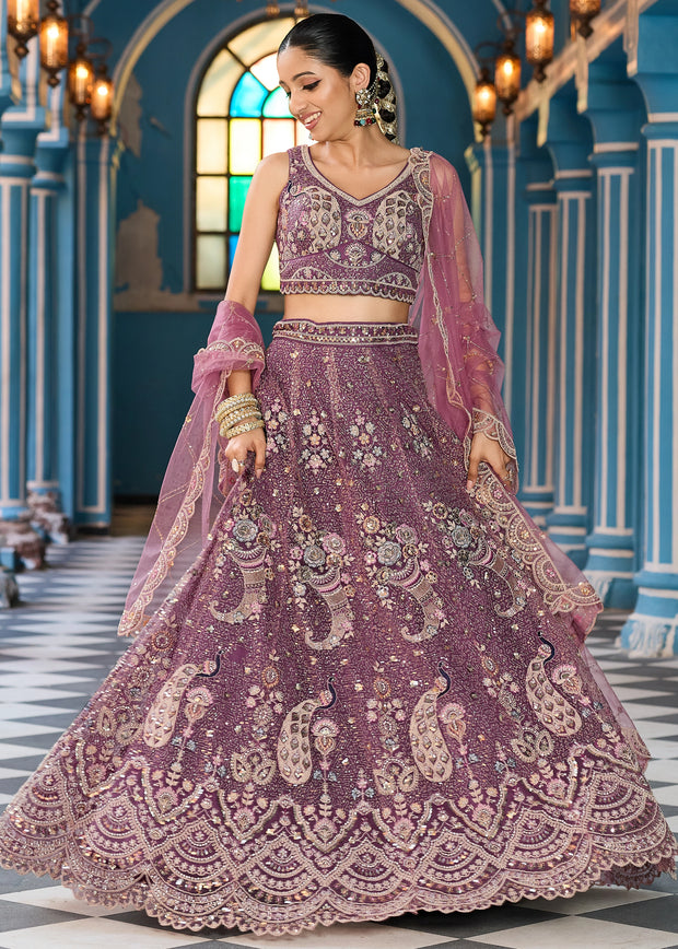 Beige Embroidered Net Lehenga