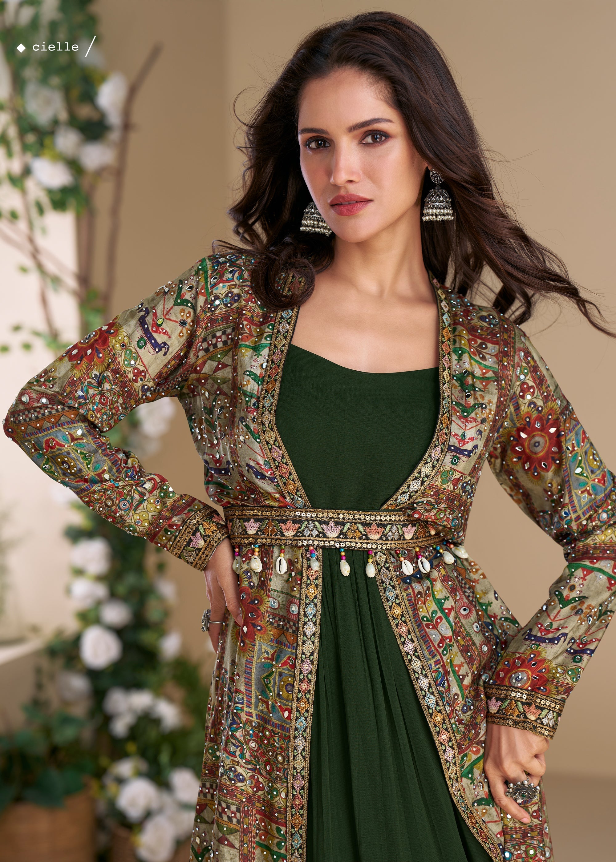 Dark Green Shrug Style Gown with Embroidered Work Zari Banaras Dark Green Shrug Style Gown with Embroidered Work Zari Banaras