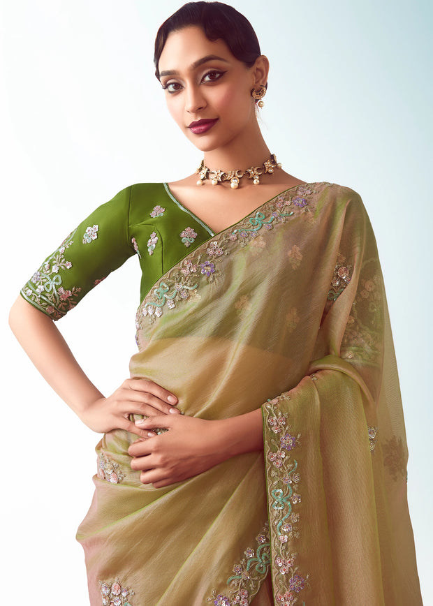 Olive Green Embroidered Designer Tissue Saree