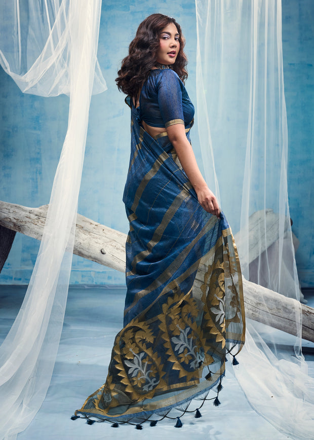 Indigo Blue Woven Munga Cotton Saree