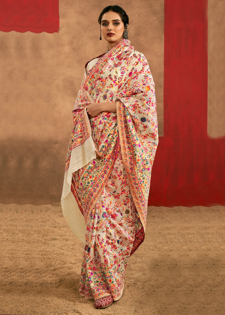 Ivory Cream Woven Kashmiri Jamewar Silk Saree