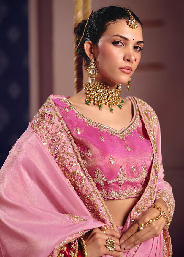 Blush Pink Embroidered Tissue Designer Saree