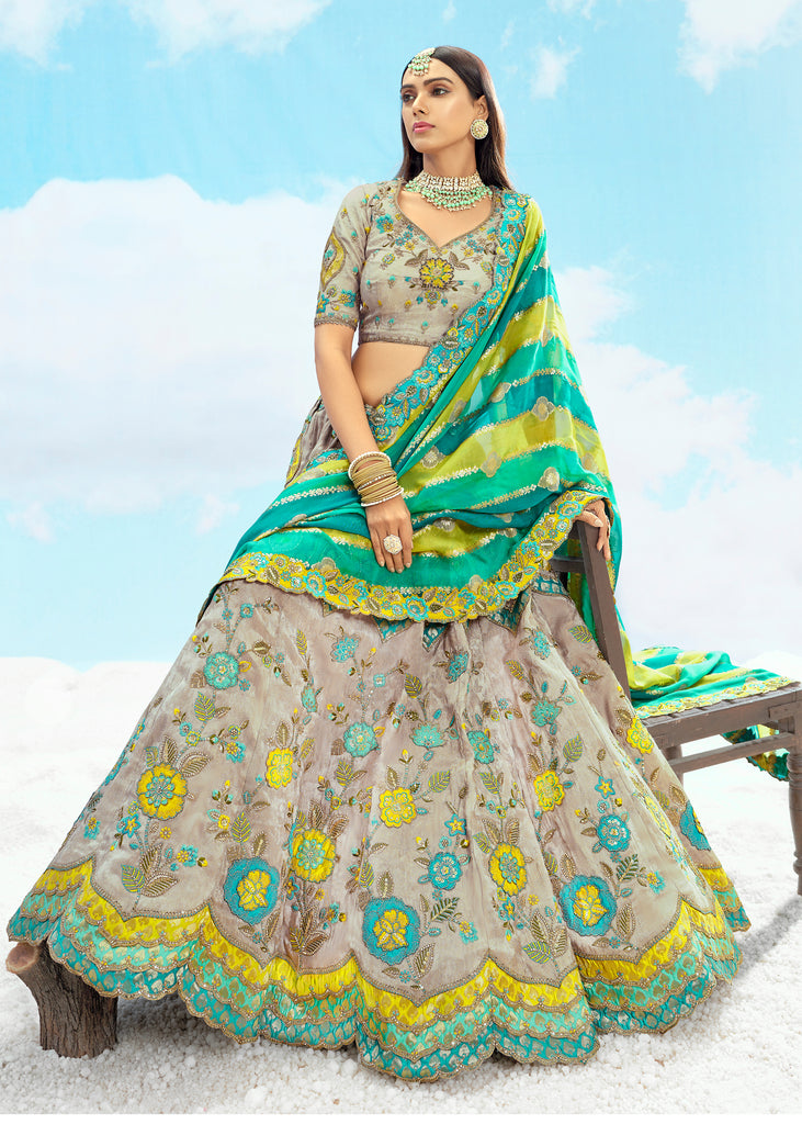 Grey And Green Heavy Embroidered Designer Lehenga Set