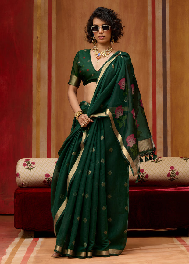 Forest Green Woven Cotton Organza Saree