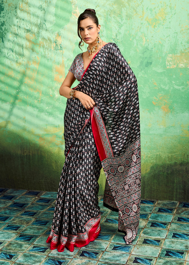 Black Printed Satin Silk Saree